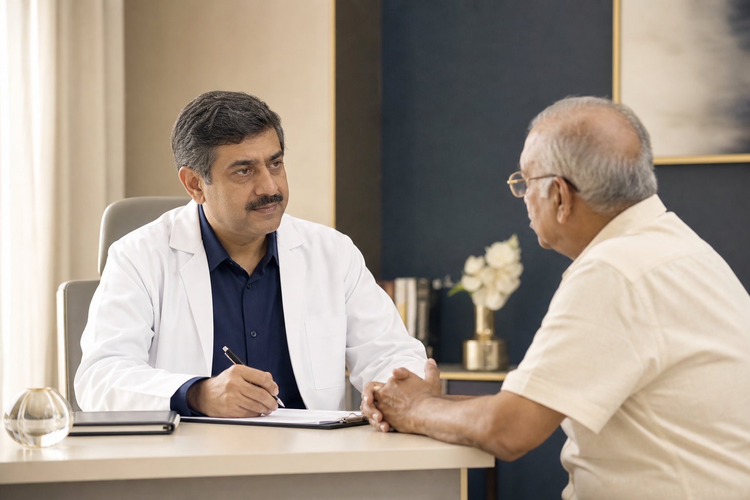 Dr. Mitra in a consultation with an older adult patient